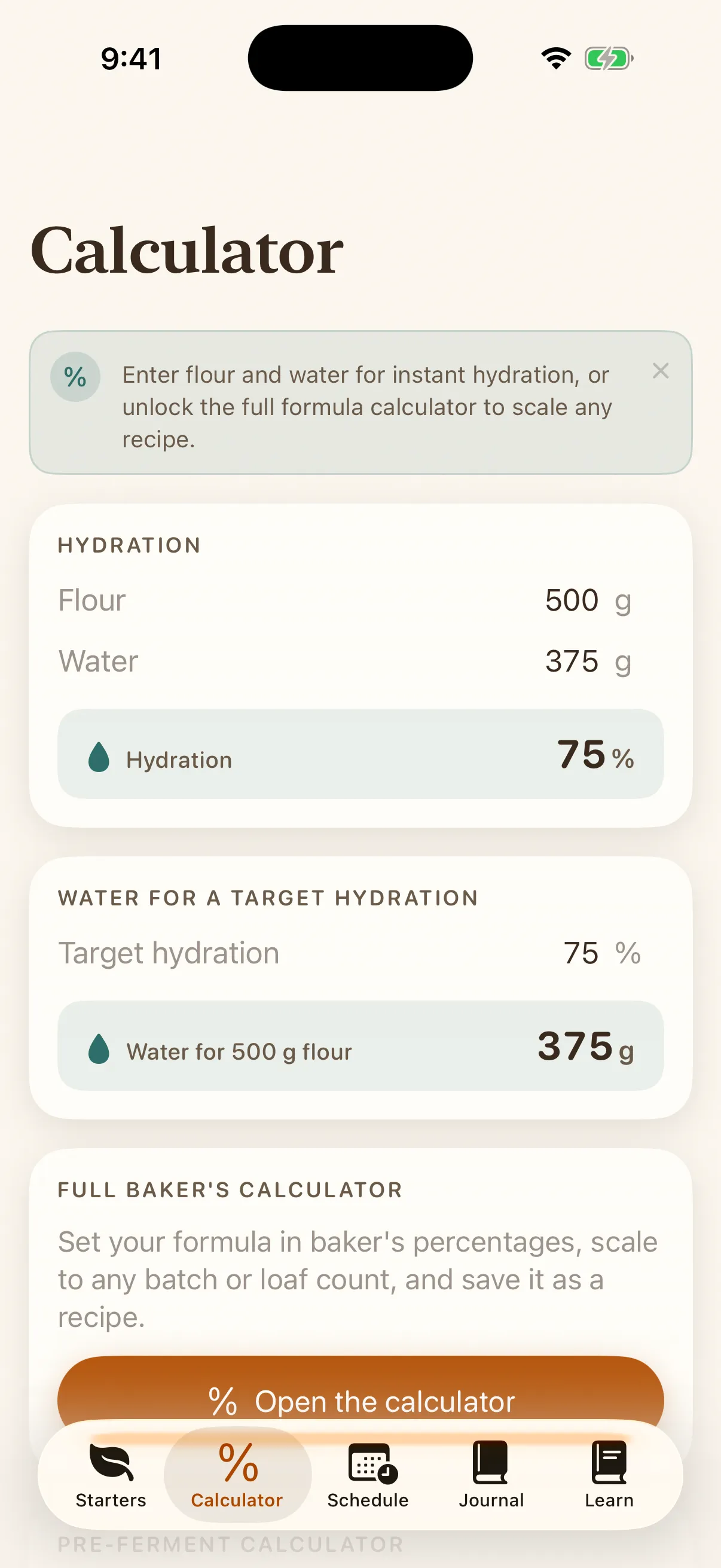 The Banneton calculator screen showing hydration and baker’s percentages