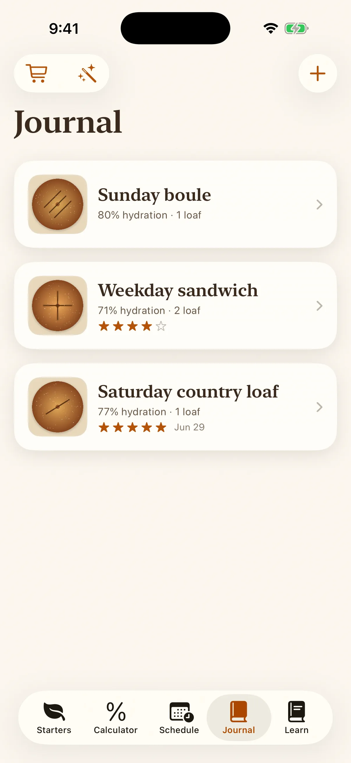 The Banneton journal screen showing saved bakes with photos and ratings