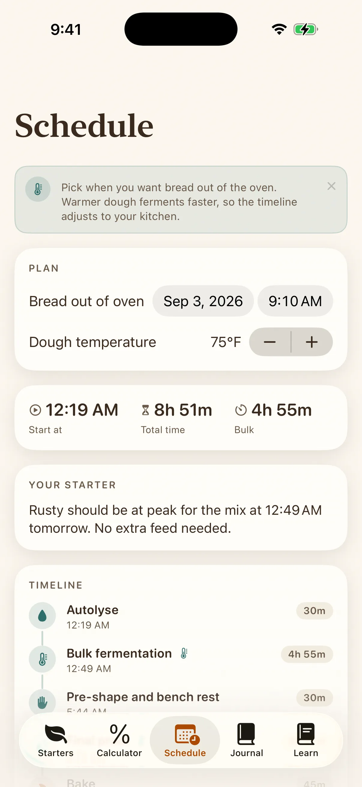 The Banneton schedule screen showing a reverse timeline of bake stages
