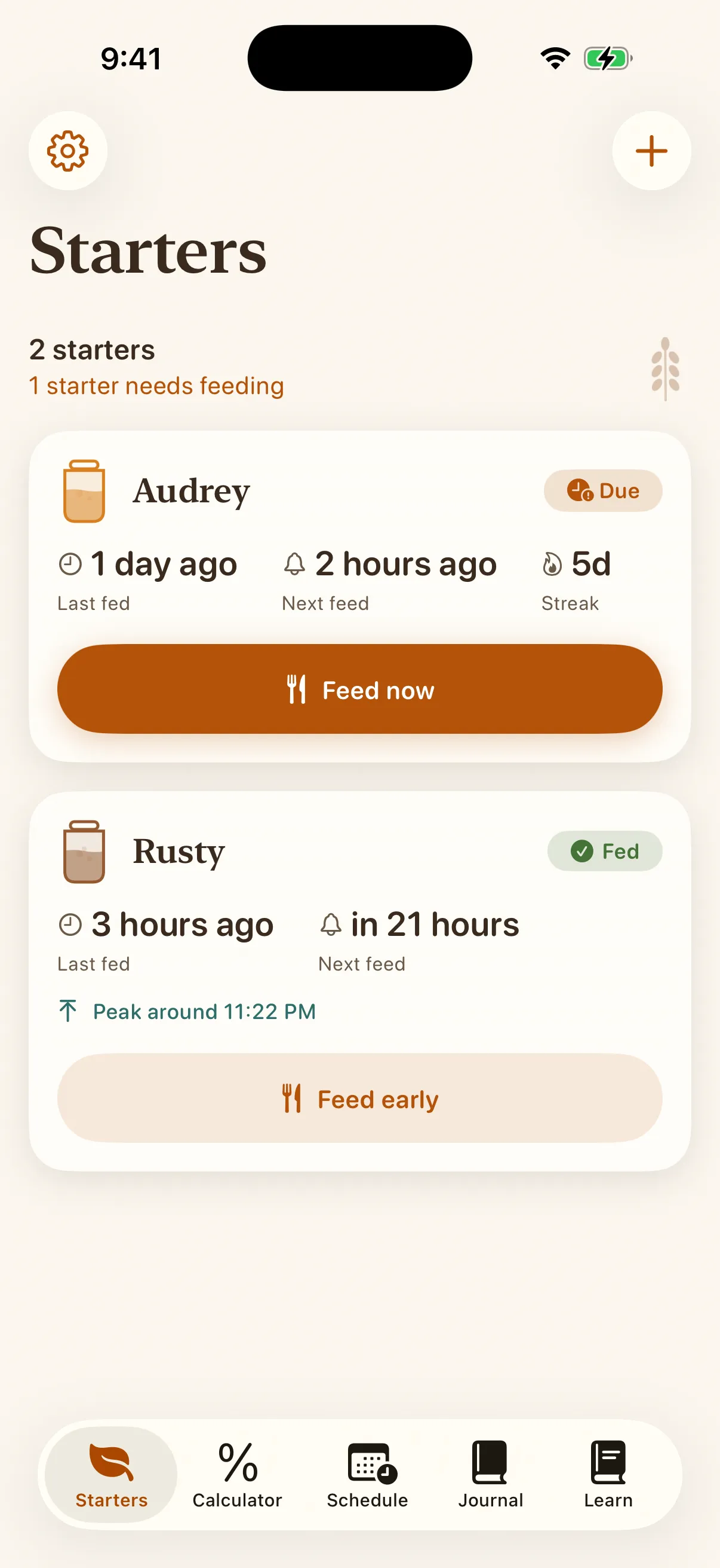 The Banneton home screen showing two starters and their feed state
